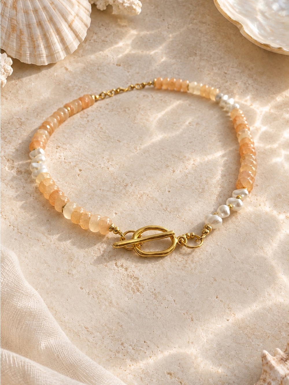 Gold Toggle Peach and Pearl Beaded Choker